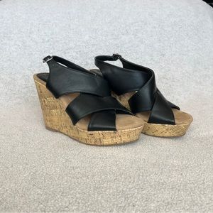 Montero Bay Club Criss Cross Cork Heel Wedge Sandal-Faux Leather-Black-Women 6.5